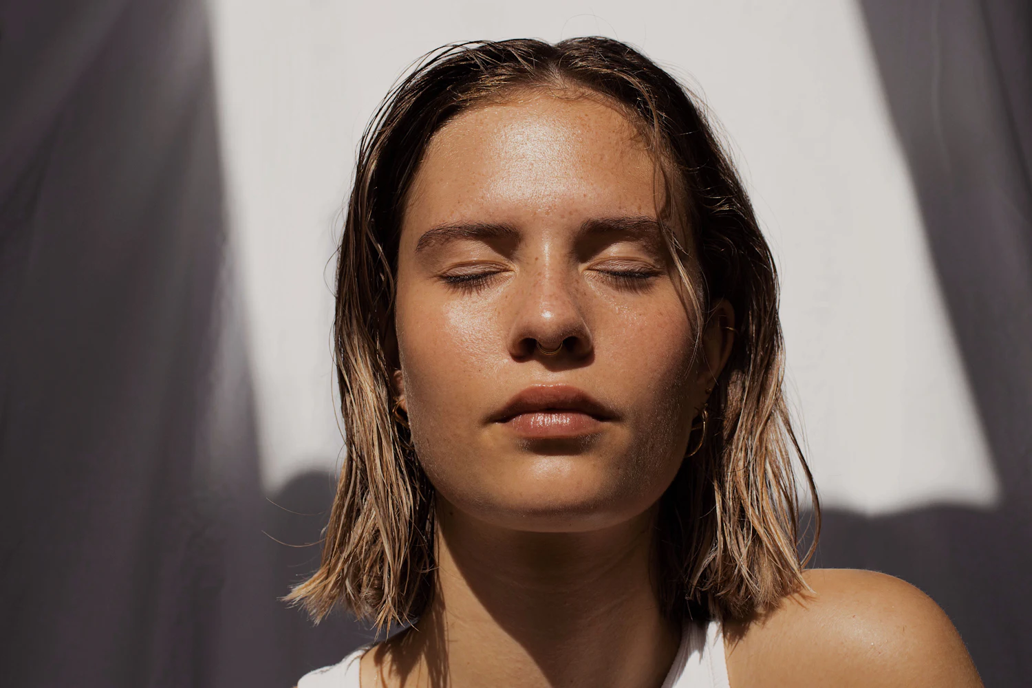 Fresh, lightly dewy skin on a humid day
