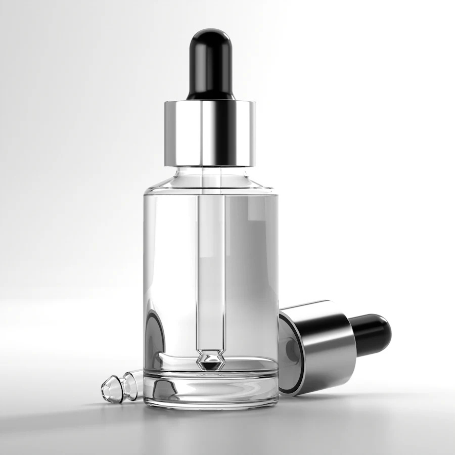 A clear glass serum bottle with a dropper