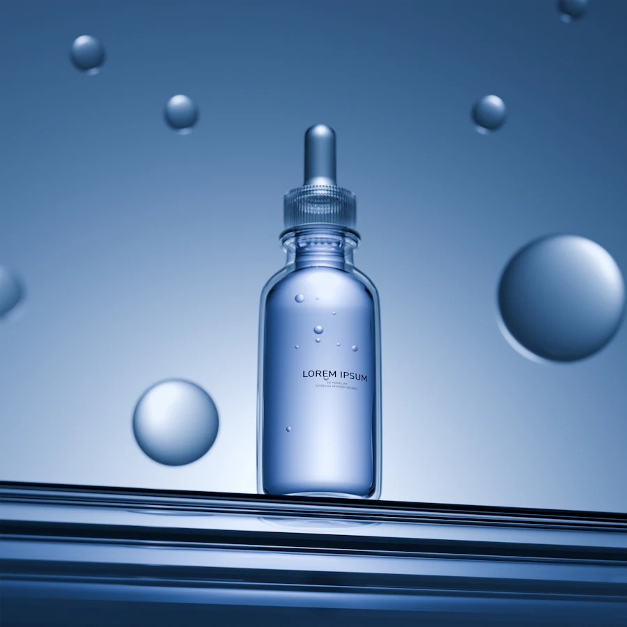 A serum bottle surrounded by bubbles
