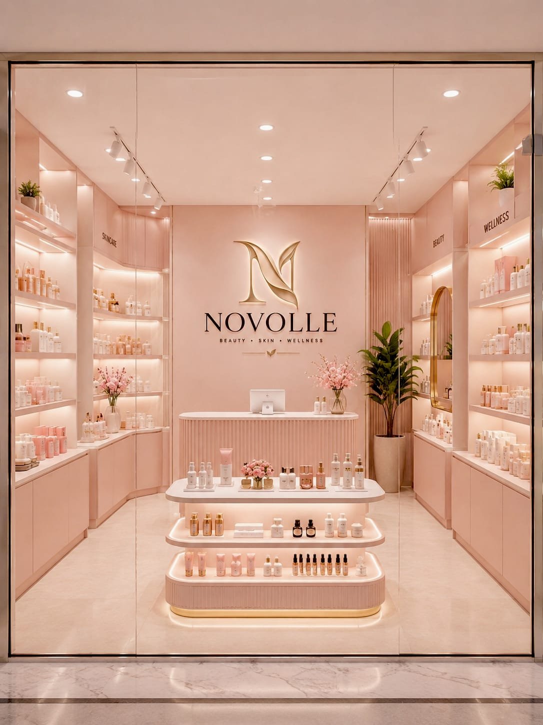 NOVOLLE beauty store front in Bangkok, a pink-themed shop with skincare and beauty products on display